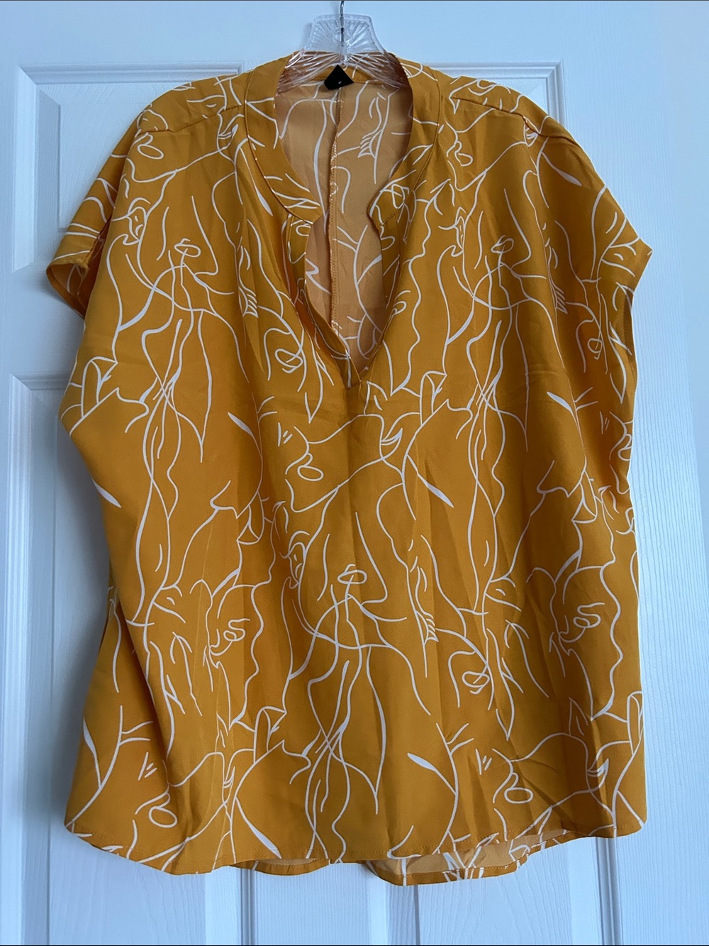 SHEIN Mustard Yellow Abstract Line Print V-Neck Blouse